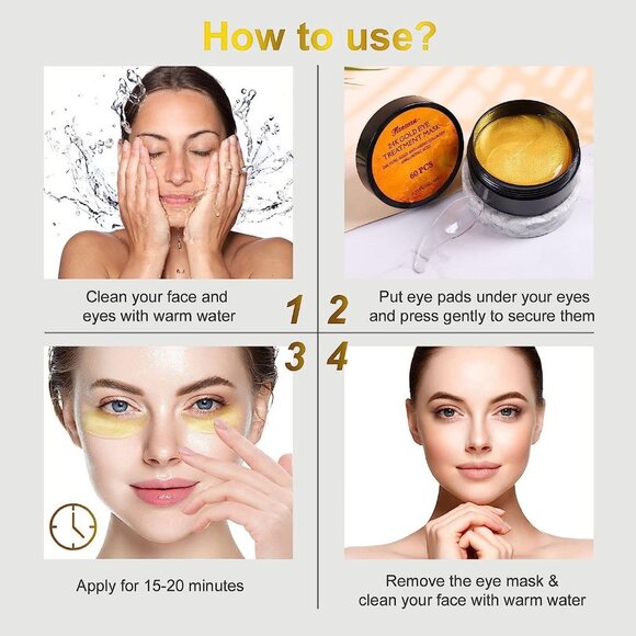 24k Gold Eye Treatment Mask 60 Pieces Anti Aging Under Eye Treatment Collagen - Picture 5 of 9